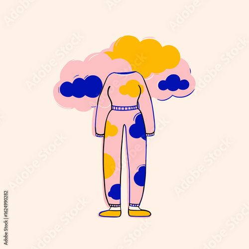 Illustration of person in colorful outfit with abstract cloud head  