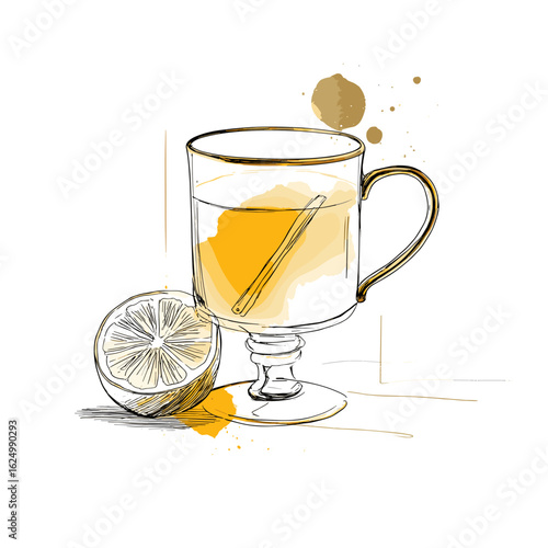 Hot beverage in glass cup with sliced lemon on white background  
