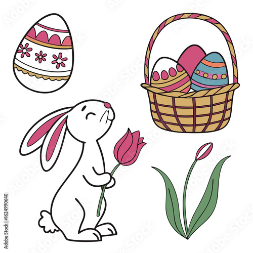 Cute cartoon easter bunny holding a pink tulip next to decorated eggs and a basket