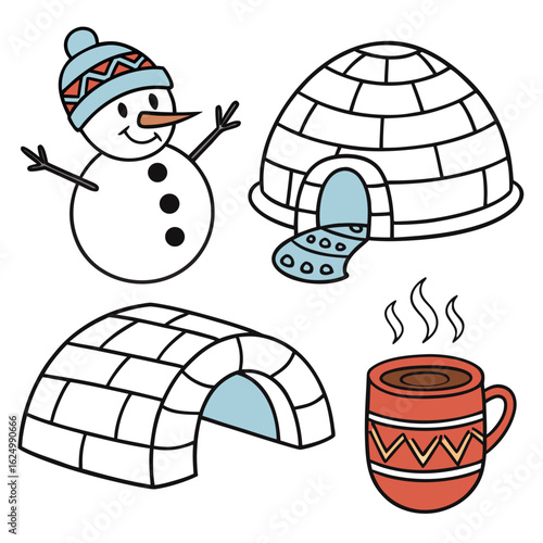 Cute cartoon snowman igloo and hot chocolate mug with steam on white background
