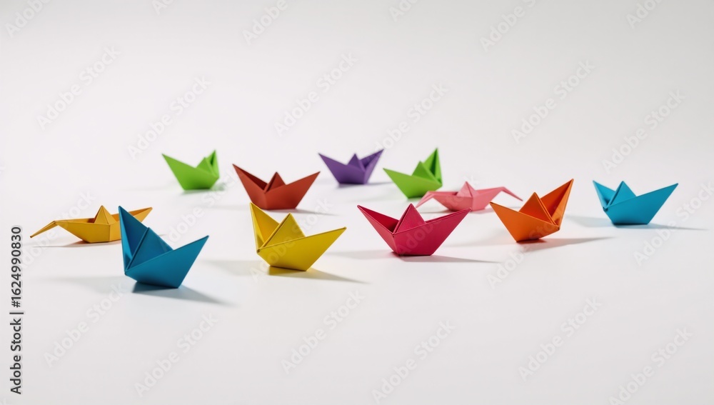 Naklejka premium Origami boats in colorful array on a white background