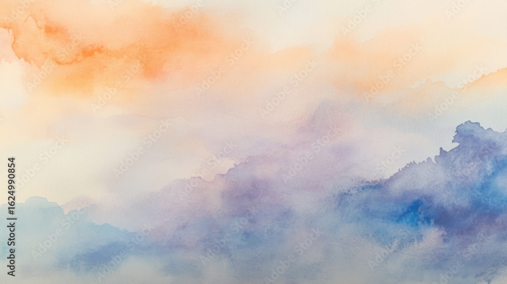Obraz premium Soft, blended watercolor cloudscapes. Layers of pastel orange, peach, lavender, blue, and grey hues create a dreamy sky effect