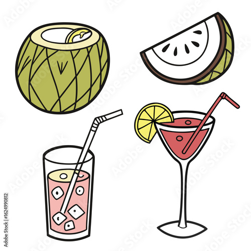 Refreshing summer drinks collection featuring coconut water watermelon slice and cocktails with lemon garnish