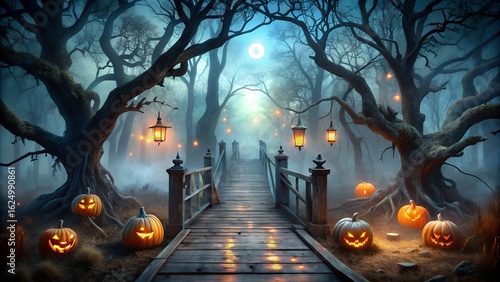 Enchanted halloween forest path with glowing jack o lanterns and lanterns