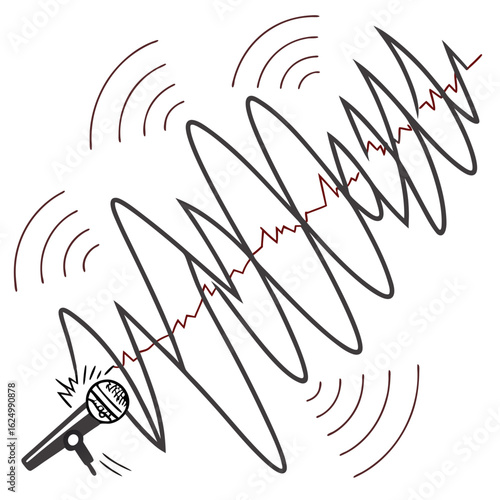 Illustration of a microphone capturing sound waves and transforming them into a visual waveform and sound propagation