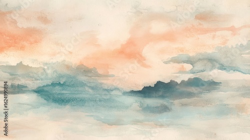 Watercolor landscape, soft hues of sunset