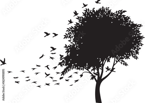 vector silhouette of birds in flight over tree branches for clean and modern nature inspired design usage