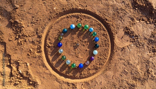A top-down, ultra-realistic photograph of a perfectly drawn circle in the dirt, with a colorful arrangement of glass marbles placed inside, ready for a game to start
