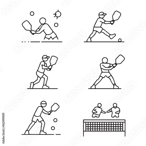 Pickleball Game Action Icon Pack – Serve, Volley, Smash, Dink, and Rally Motion Line Art