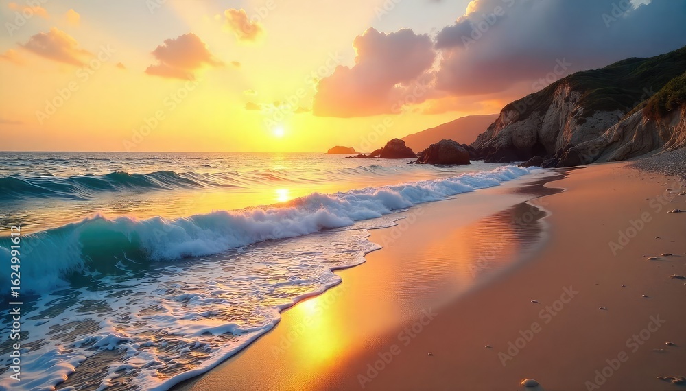 Obraz premium Serene Coastal Sunrise Tranquil Ocean Waves Gently Lap the Golden Shore