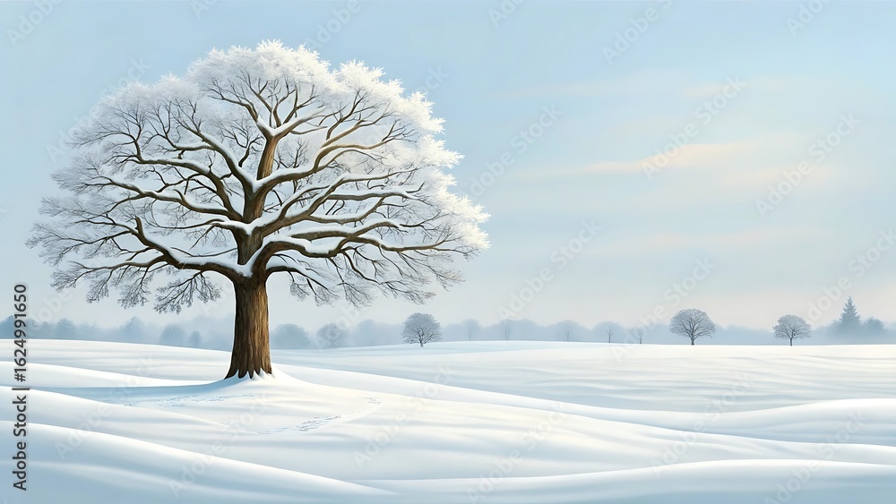 Majestic snow covered oak tree stands alone in a serene winter landscape under a pale blue sky Majestic snow covered oak tree stands alone in a serene winter landscape under a pale blue sky