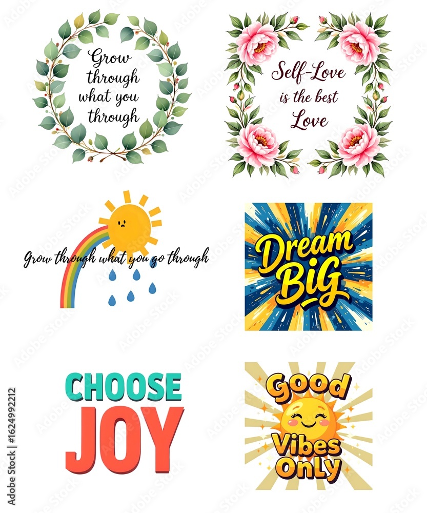 Fototapeta premium Vibrant Collection of Inspirational Quote Designs – Flowers, Rainbows, Dreamy Skies & Bold Typography
