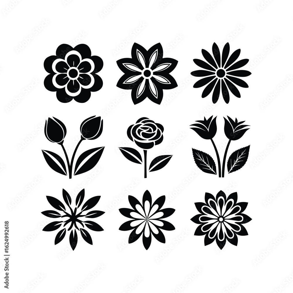Obraz premium Collection of nine black floral silhouettes in a grid pattern silhouette
