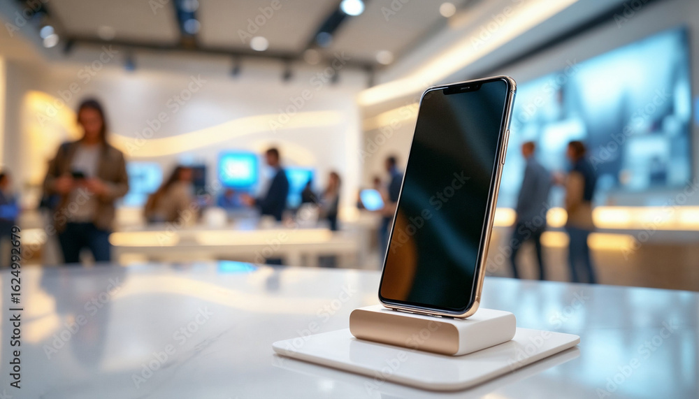 Obraz premium Close-up of luxury smartphone on elegant stand in sleek, bright tech store. 