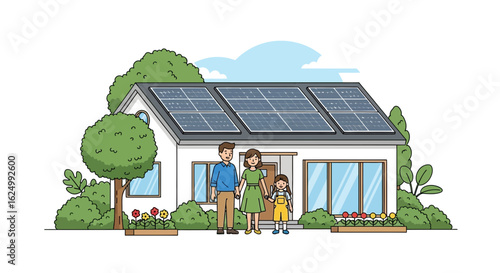 Family Standing in Front of a Modern House with Rooftop Solar Panels
