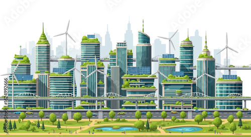 Futuristic Green City Skyline with Wind Turbines and Sustainable Architecture