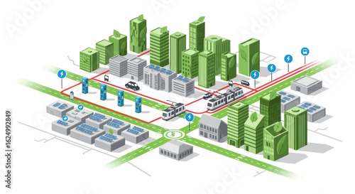 Isometric Green City with Electric Public Transport and EV Charging Infrastructure