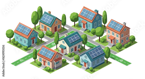 Isometric Suburban Community of Eco-Friendly Houses with Solar Panels