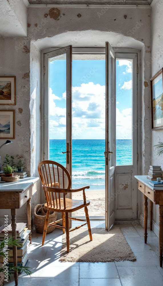 Obraz premium Minimalist white summer house door opens to serene sea view. 