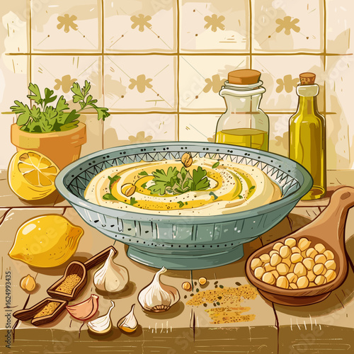 Hummus bowl with lemon, garlic, and spices on wooden table  