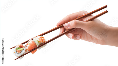 Hand holding chopsticks picking up sushi piece, isolated on transparent background 