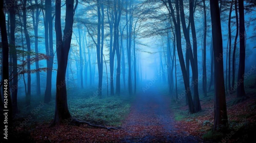 Obraz premium Misty Blue Forest Path.