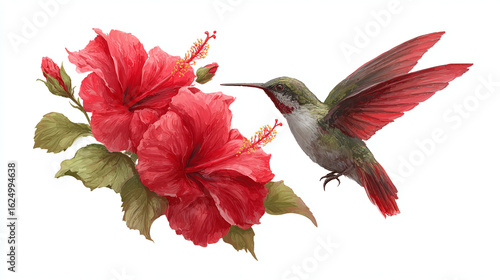 Hummingbird hovering by red hibiscus isolated on transparent background 