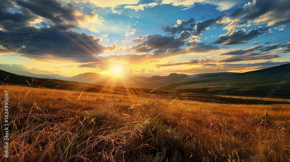 Obraz premium Golden Glow of Celebration: New Year Decorations Meet Grassland Sunset in Breathtaking Images As the sun dips below the horizon, painting the grassland in hues of amber and crimson, vibrant New Year d