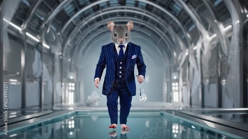 Wallpaper Mural A gray mouse wearing a blue pinstriped suit walks across a glass floor in a futuristic hallway Torontodigital.ca