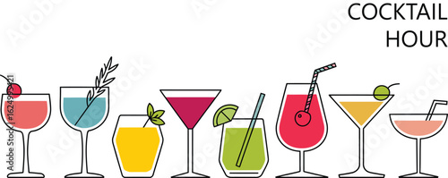 Colorful Cocktail Hour Vector Illustration with Diverse Drinks for Parties & Events