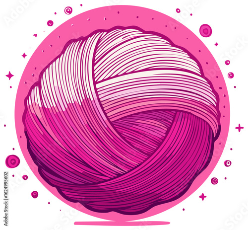 Pink yarn ball stylized illustration in circle - craft, knitwear, and handcraft concept
