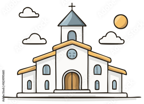 Cartoon Church with Cross Under Sunny Sky Isolated on White Background