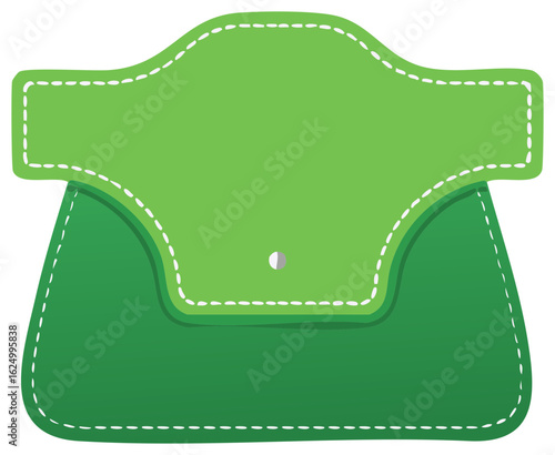 Green fashion purse, cute bag illustration, stylish woman accessory, trendy stitching detail, vibrant feminine color, personal care