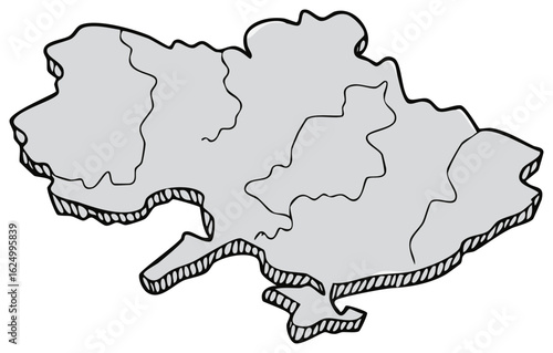 Hand drawn 3D map of Ukraine illustration in a grayscale cartoon style