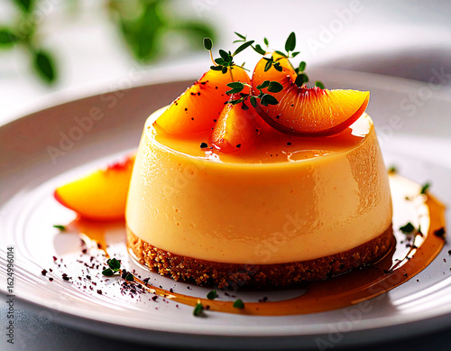 A creamy spoon dessert topped with fresh peach pieces and glossy sauce, styled under soft studio lighting. The inviting texture and vibrant colors highlight sweetness, freshness and gourmet presentati