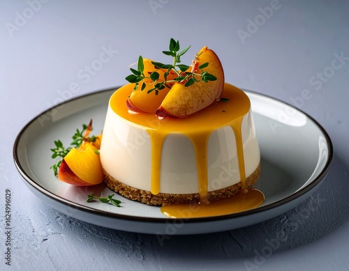 A creamy spoon dessert topped with fresh peach pieces and glossy sauce, styled under soft studio lighting. The inviting texture and vibrant colors highlight sweetness, freshness and gourmet presentati