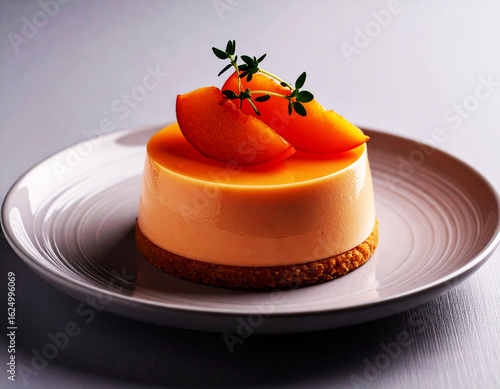 A creamy spoon dessert topped with fresh peach pieces and glossy sauce, styled under soft studio lighting. The inviting texture and vibrant colors highlight sweetness, freshness and gourmet presentati