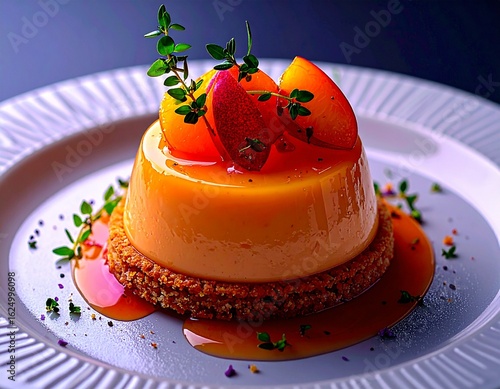 A creamy spoon dessert topped with fresh peach pieces and glossy sauce, styled under soft studio lighting. The inviting texture and vibrant colors highlight sweetness, freshness and gourmet presentati
