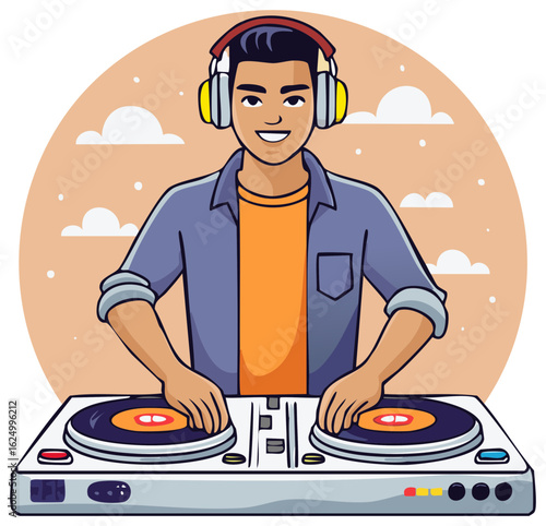 Man with headphones using turntables and DJ mixer creating music in a studio setting