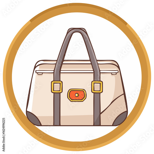 Simple cartoon illustration of a beige travel duffel bag inside a golden circular frame icon