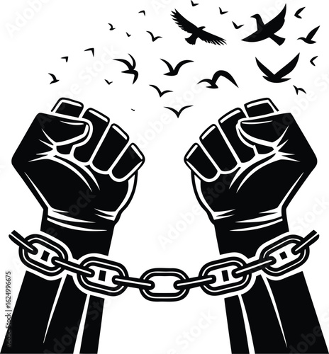 Symbolic image of two clenched fists breaking free from heavy chains with a flock of birds flying upwards representing freedom and liberation