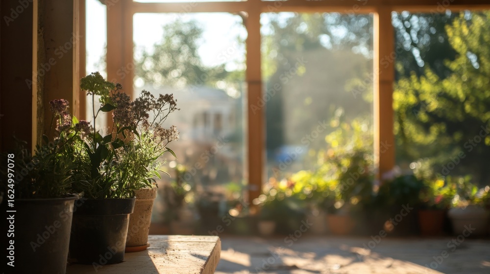 Fototapeta premium Sunlit Garden Plants in Pots.