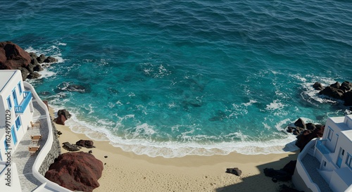 Aerial View of Blue Ocean Water with Sandy Beach and White Buildings in Coastal Area