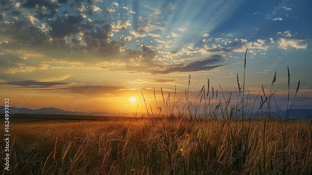 Fototapeta premium Golden Glow of Celebration: New Year Decorations Meet Grassland Sunset in Breathtaking Images As the sun dips below the horizon, painting the grassland in hues of amber and crimson, vibrant New Year d