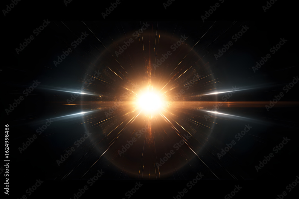 Fototapeta premium Bright golden starburst light flare with lens flares on black background