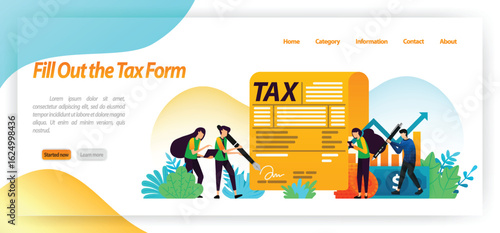 fill out tax bill payment form. report annual income, business, ownership of financial assets. vector illustration concept for landing page, ui ux, web, mobile app, poster, banner, website, flyer, ads