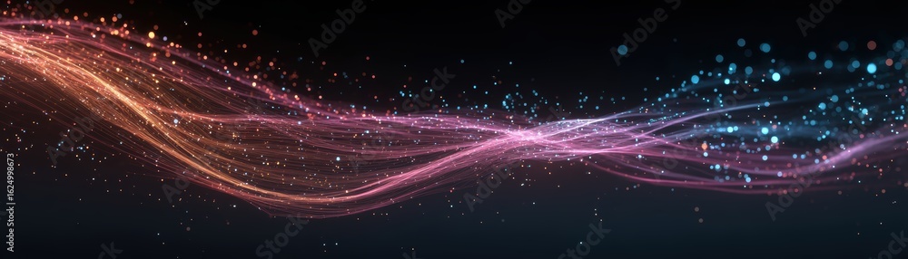 Obraz premium A vibrant abstract design featuring flowing lines and colorful particles against a dark background, creating a dynamic and energetic visual effect, Commercial Quantum Computing