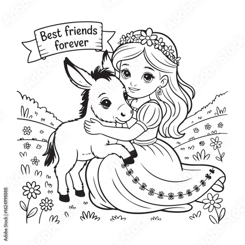 Princess hugging donkey with best friends forever banner colouring page