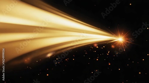 Abstract concept of high-speed energy transmission with golden light rays and particles on a black background for futuristic design.
