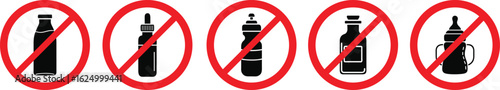 Prohibited bottle icon set featuring red crossed-out symbols for drinks, chemicals, and containers. Ideal for no beverage zones, restricted liquids, or warning illustrations.
